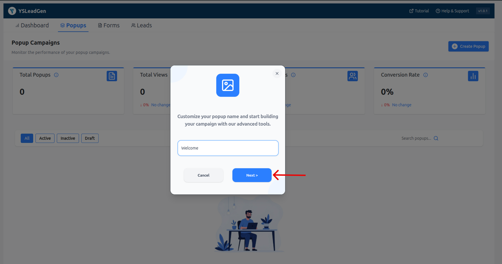 YS LeadGen create popup modal where the user enters the popup name before starting customization.