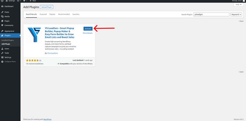 WordPress add plugins page showing the YS LeadGen plugin with the Install Now button highlighted.