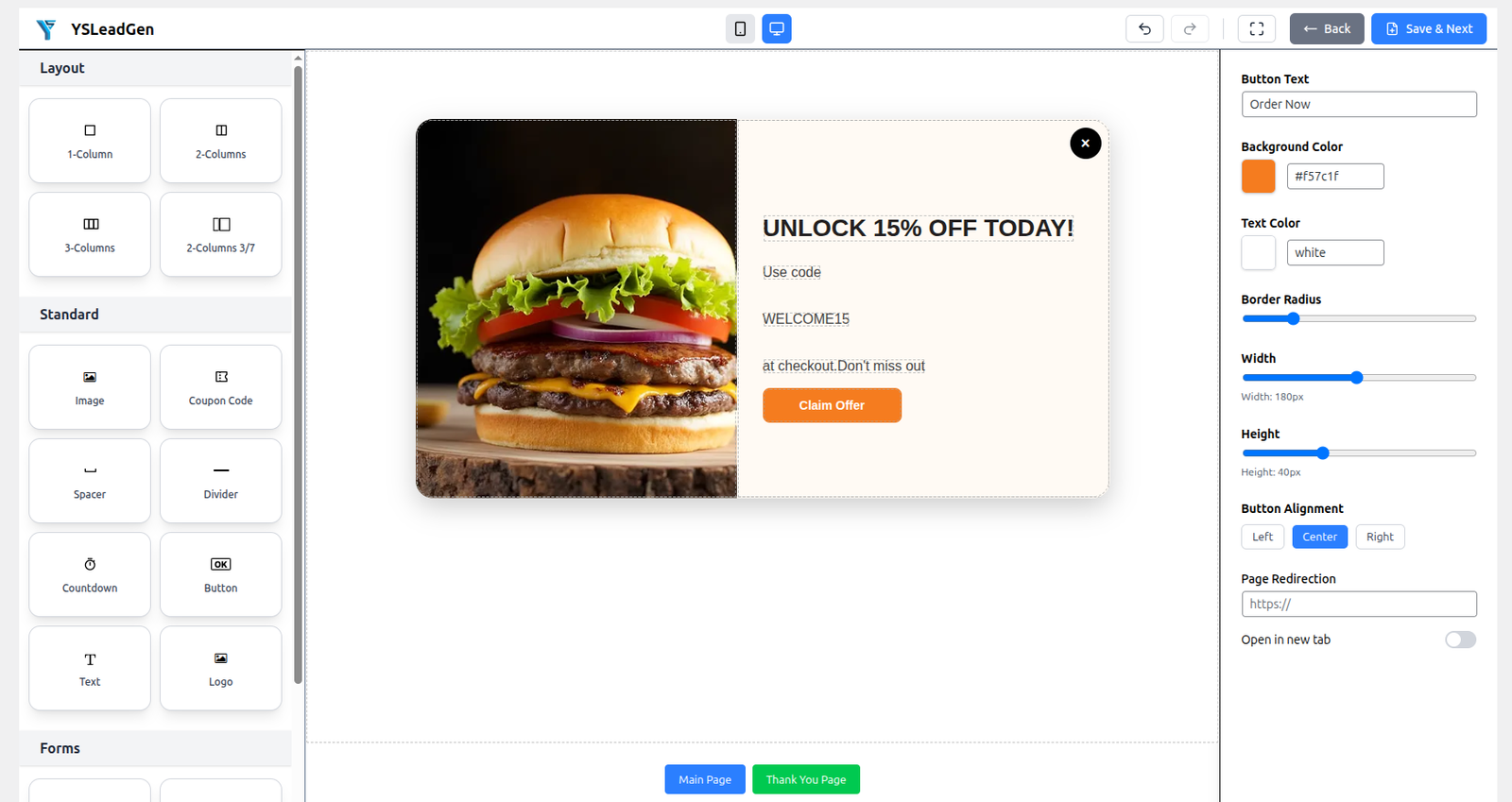 YS LeadGen popup editor displaying a discount offer popup with customization controls for button, colors, and layout.