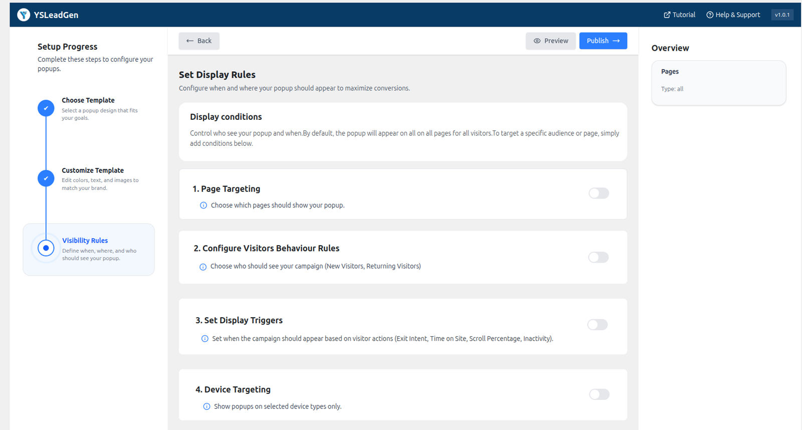 YS LeadGen display rules dashboard showing options for page targeting, visitor behavior, and display triggers.