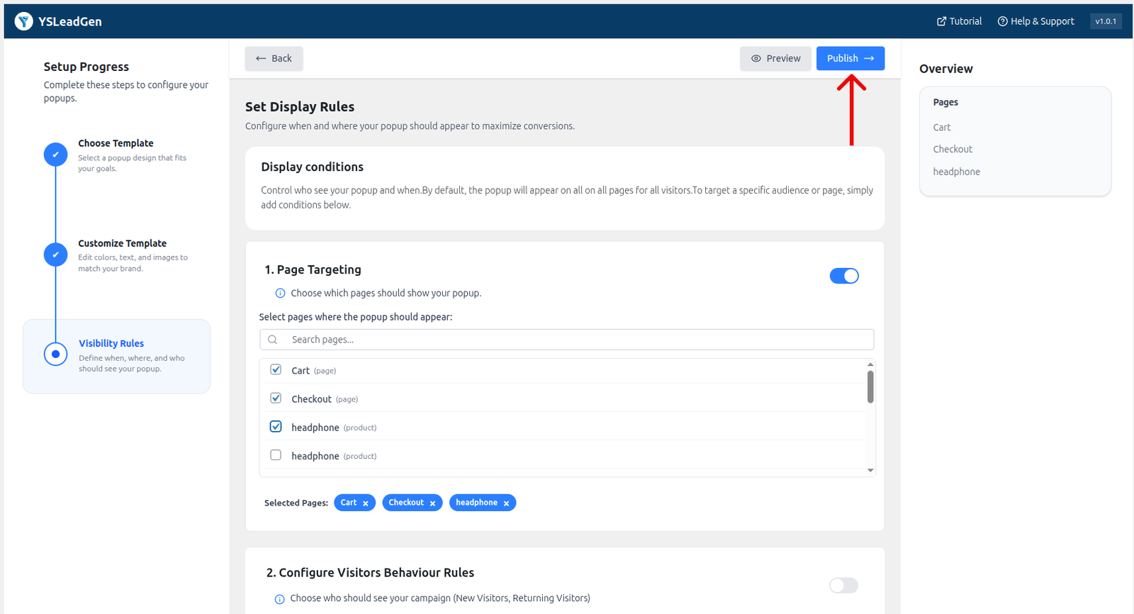YS LeadGen popup setup page showing page targeting options and the Publish button highlighted.